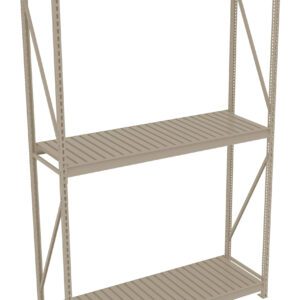 A beige, three-tier metal shelving unit with perforated shelves and diagonal support bars at the back, designed for storage or organizational purposes.