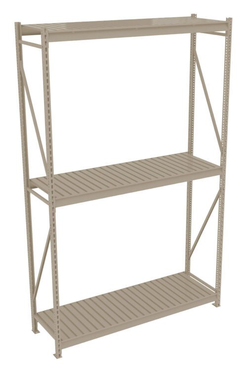 A beige, three-tier metal shelving unit with perforated shelves and diagonal support bars at the back, designed for storage or organizational purposes.
