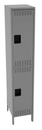 A tall, gray metal locker with two compartments. Each compartment has a black rectangular handle. The locker has small vents near the top and bottom of each compartment for ventilation. It stands on four short legs.