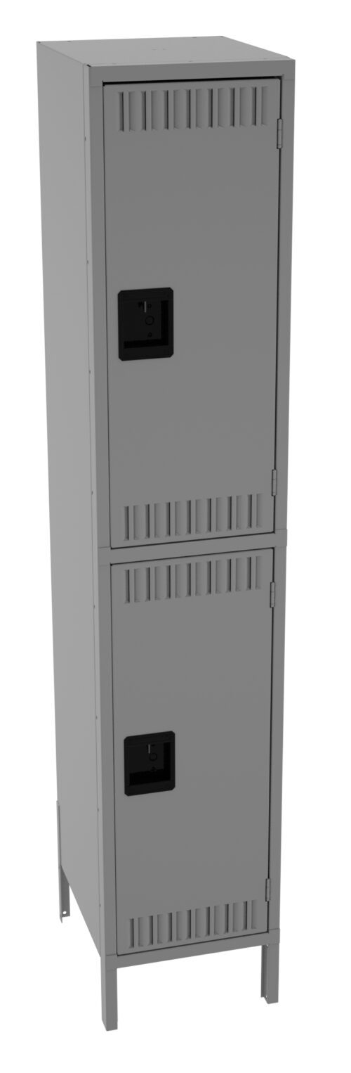 A tall, gray metal locker with two compartments. Each compartment has a black rectangular handle. The locker has small vents near the top and bottom of each compartment for ventilation. It stands on four short legs.