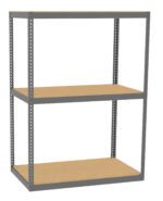 A freestanding metal shelving unit with two wooden shelves and a rectangular frame. The frame is grey with perforated metal, allowing for adjustable shelf heights. The shelves are plain wood. The unit is isolated on a white background.