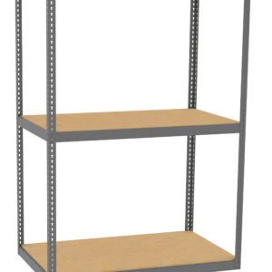 A freestanding metal shelving unit with two wooden shelves and a rectangular frame. The frame is grey with perforated metal, allowing for adjustable shelf heights. The shelves are plain wood. The unit is isolated on a white background.
