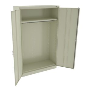 Open beige metal wardrobe with two doors, revealing an empty interior with a clothing rod and one shelf at the top. The wardrobe has a minimalist design and stands on a flat surface.