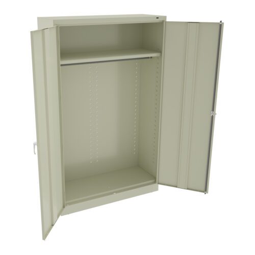 Open beige metal wardrobe with two doors, revealing an empty interior with a clothing rod and one shelf at the top. The wardrobe has a minimalist design and stands on a flat surface.