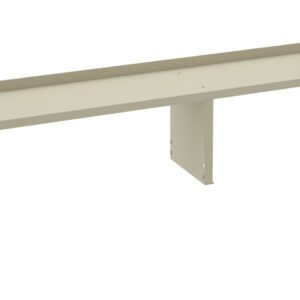 A long, beige metal bracket with right-angled edges and multiple screw holes for mounting. It features two supporting legs for stability and is likely designed for shelving or structural support.