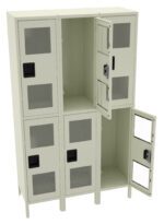 A beige metal locker unit with six compartments, featuring glass windows on each door. The top middle and bottom right doors are open, revealing empty interior spaces. The locker stands on short legs.