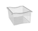 A clear, rectangular storage bin with a curved top edge and ribbed sides is shown. It is empty and made of transparent plastic, providing a view of the interior.