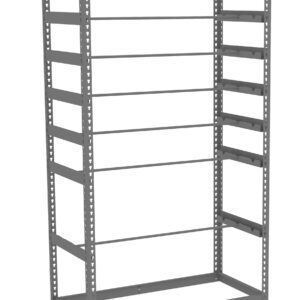 Gray metal shelving unit with six adjustable horizontal shelves and additional smaller side brackets. The structure is open, has a minimalist design, and is suitable for storage or organization.