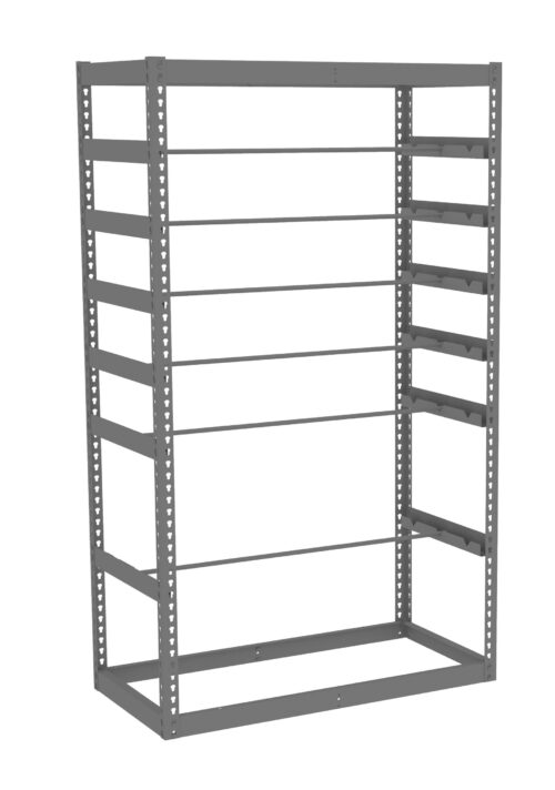 Gray metal shelving unit with six adjustable horizontal shelves and additional smaller side brackets. The structure is open, has a minimalist design, and is suitable for storage or organization.