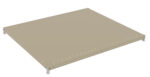 A beige, flat, rectangular metal panel with small holes along the edges is shown. It has four small corner brackets, suggesting it could be part of a shelving unit or structure.
