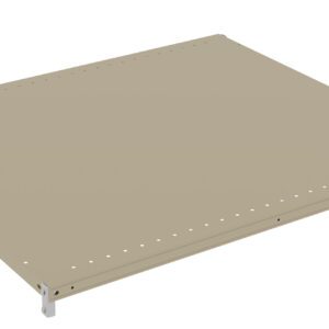 A beige, flat, rectangular metal panel with small holes along the edges is shown. It has four small corner brackets, suggesting it could be part of a shelving unit or structure.