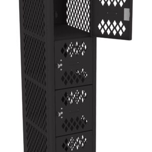 A tall, black mesh locker with seven compartments stacked vertically. Each compartment has a diamond pattern and a latch. One upper compartment door is open, showing the interior.