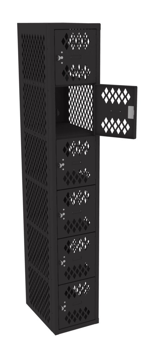 A tall, black mesh locker with seven compartments stacked vertically. Each compartment has a diamond pattern and a latch. One upper compartment door is open, showing the interior.
