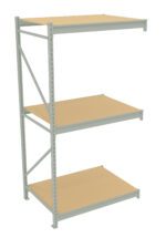 Metal storage rack with three wooden shelves. The frame is light gray, and the shelves are evenly spaced. The rack is freestanding with a simple, industrial design, suitable for organizing or storing items.