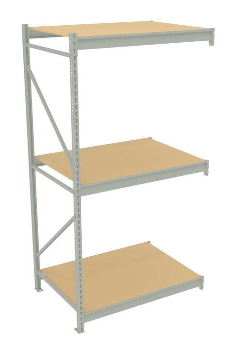 Metal storage rack with three wooden shelves. The frame is light gray, and the shelves are evenly spaced. The rack is freestanding with a simple, industrial design, suitable for organizing or storing items.