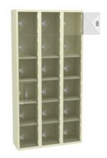 A beige metal storage cabinet with three vertical columns of lockers, each containing five compartments. The top compartment in the right column has its door open, revealing the empty interior.