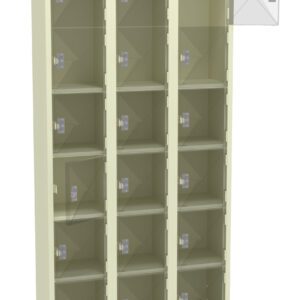 A beige metal storage cabinet with three vertical columns of lockers, each containing five compartments. The top compartment in the right column has its door open, revealing the empty interior.