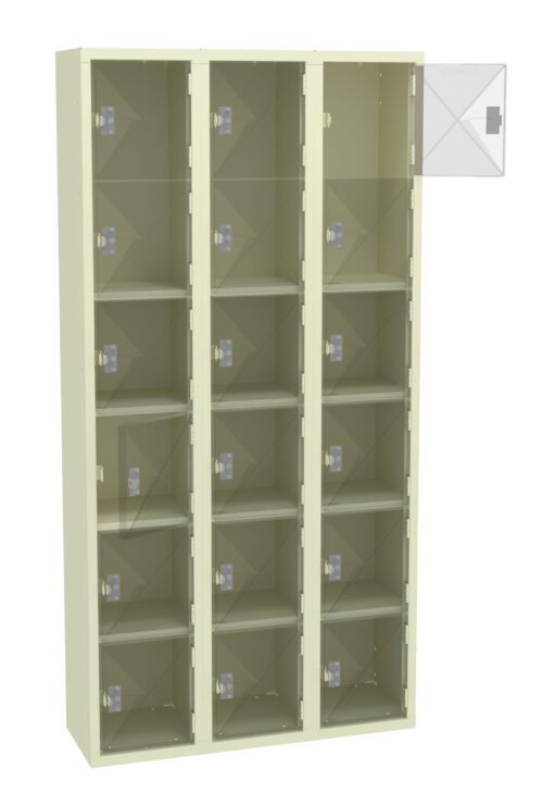 A beige metal storage cabinet with three vertical columns of lockers, each containing five compartments. The top compartment in the right column has its door open, revealing the empty interior.