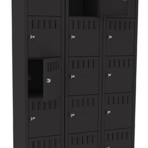 A set of three tall, black metal lockers with multiple compartments. Several locker doors are open, showing empty spaces inside. Each compartment has a ventilation grille and a circular lock mechanism.