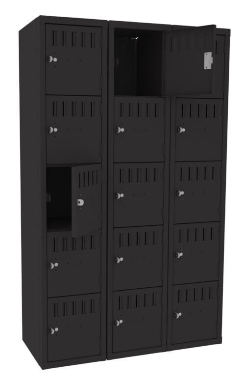 mgi5kgeyehmug4db2sll.jpg A set of three tall, black metal lockers with multiple compartments. Several locker doors are open, showing empty spaces inside. Each compartment has a ventilation grille and a circular lock mechanism.