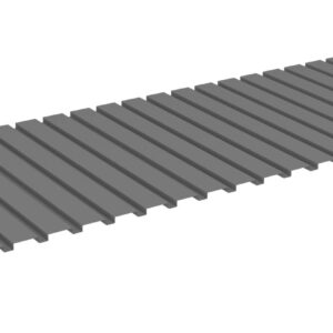 A long, flat, rectangular piece of gray corrugated metal roofing, with evenly spaced ridges extending across its surface. The sheet is oriented at a slight angle, showcasing its texture and shape.