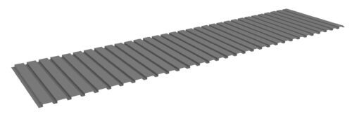 A long, flat, rectangular piece of gray corrugated metal roofing, with evenly spaced ridges extending across its surface. The sheet is oriented at a slight angle, showcasing its texture and shape.