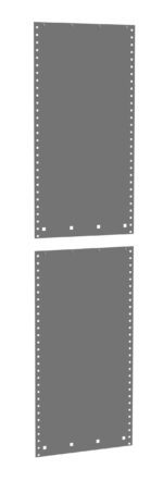Two blank sheets of gray paper with perforated edges and rectangular holes along the sides. The sheets are aligned vertically, with a small gap between them, resembling old-fashioned computer paper.
