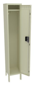 Open beige metal locker with a single door. The interior is empty, featuring a hanging rod and a shelf at the top. The door has a built-in ventilation panel and a lock mechanism. The locker stands on four short legs.