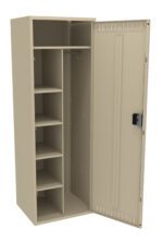 Open beige metal locker with multiple shelves on the left and a vertical compartment on the right. The locker door is open, showing a coat hook in the upper part of the vertical section.