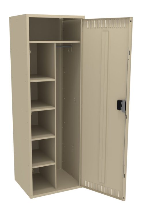 mgm0heieouvkbboyv66s.jpg Open beige metal locker with multiple shelves on the left and a vertical compartment on the right. The locker door is open, showing a coat hook in the upper part of the vertical section.