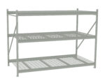 Metal storage shelving unit with three levels. The shelves consist of a solid top and two wire grid layers, supported by a sturdy frame with diagonal bracings. The shelving unit is light gray and designed for heavy-duty storage.