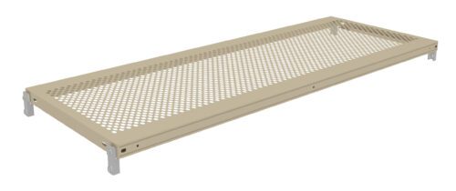 mguckseeb3slrhyczfmg.jpg A beige rectangular metal platform with a perforated surface and corner brackets, designed for structural support or ventilation.