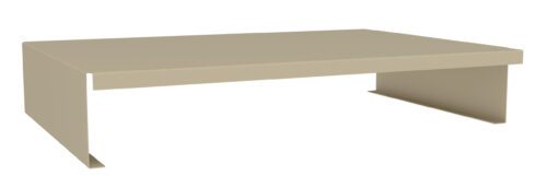 A beige, rectangular, minimalist laptop stand with a flat top and open sides, designed to elevate devices.