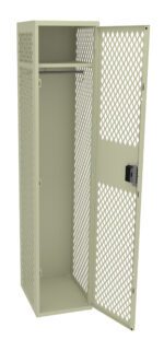 A beige metal locker with a lattice design on the door. The door is open, revealing an empty interior with a horizontal rod for hanging items.