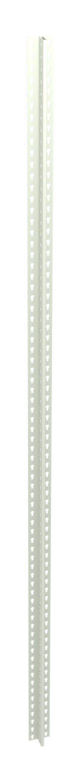A tall, narrow metal post with rows of evenly spaced holes runs vertically along its length. The post is light in color and has a slight reflection on its surface, indicating a smooth texture.