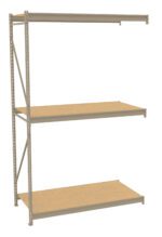 A beige metal storage shelf with three wooden shelves. The unit has open sides and back, supported by vertical metal bars with holes for adjustable shelving. The top shelf is empty, and the structure is photographed against a white background.
