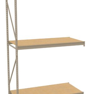 A beige metal storage shelf with three wooden shelves. The unit has open sides and back, supported by vertical metal bars with holes for adjustable shelving. The top shelf is empty, and the structure is photographed against a white background.