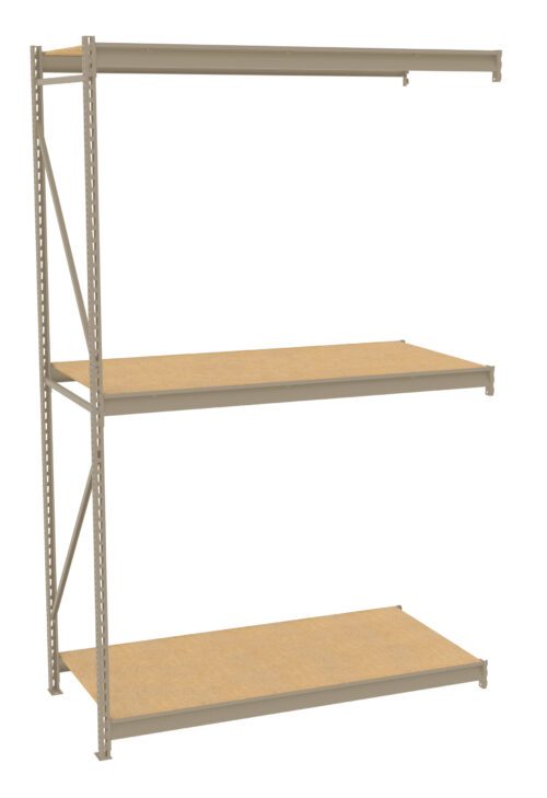 A beige metal storage shelf with three wooden shelves. The unit has open sides and back, supported by vertical metal bars with holes for adjustable shelving. The top shelf is empty, and the structure is photographed against a white background.