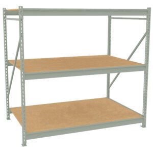 Metal storage rack with three wooden shelves. The frame is light grey with supportive crossbars, designed for industrial use. The shelves are evenly spaced and the unit is on a white background.