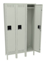 A gray metal three-compartment locker with a partially open door revealing a hook and empty space inside. The locker has rectangular vents and black handles on each door. The locker is elevated on short legs.