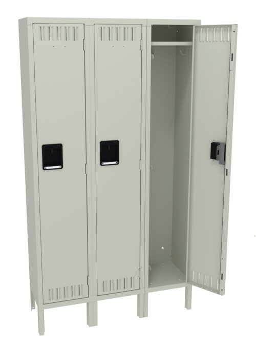 mhymnurdh1ogqoluibfn.jpg A gray metal three-compartment locker with a partially open door revealing a hook and empty space inside. The locker has rectangular vents and black handles on each door. The locker is elevated on short legs.