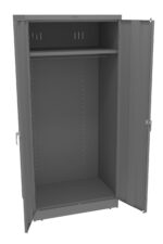 A gray metal storage cabinet with both doors open. The interior is empty, featuring a single adjustable shelf near the top. The cabinet has a plain design and two handles on the doors.