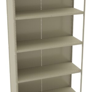 A beige, five-shelf metal storage unit with adjustable shelves. The shelves are empty and the unit is set against a plain white background, showcasing its simple and sturdy design.