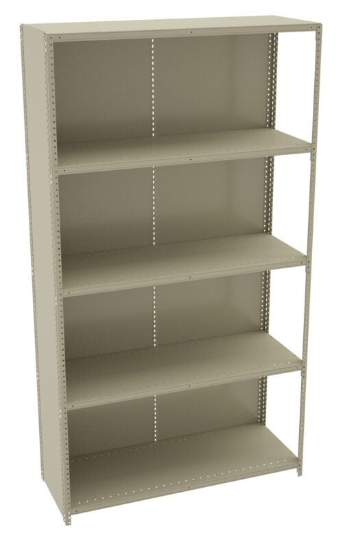 miimacphd118zty8vmpe.jpg A beige, five-shelf metal storage unit with adjustable shelves. The shelves are empty and the unit is set against a plain white background, showcasing its simple and sturdy design.