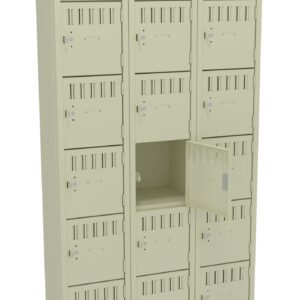 A beige metal locker unit with three columns and multiple compartments. Each compartment has a ventilation slat and a lock. One compartment door is open, revealing an empty interior.