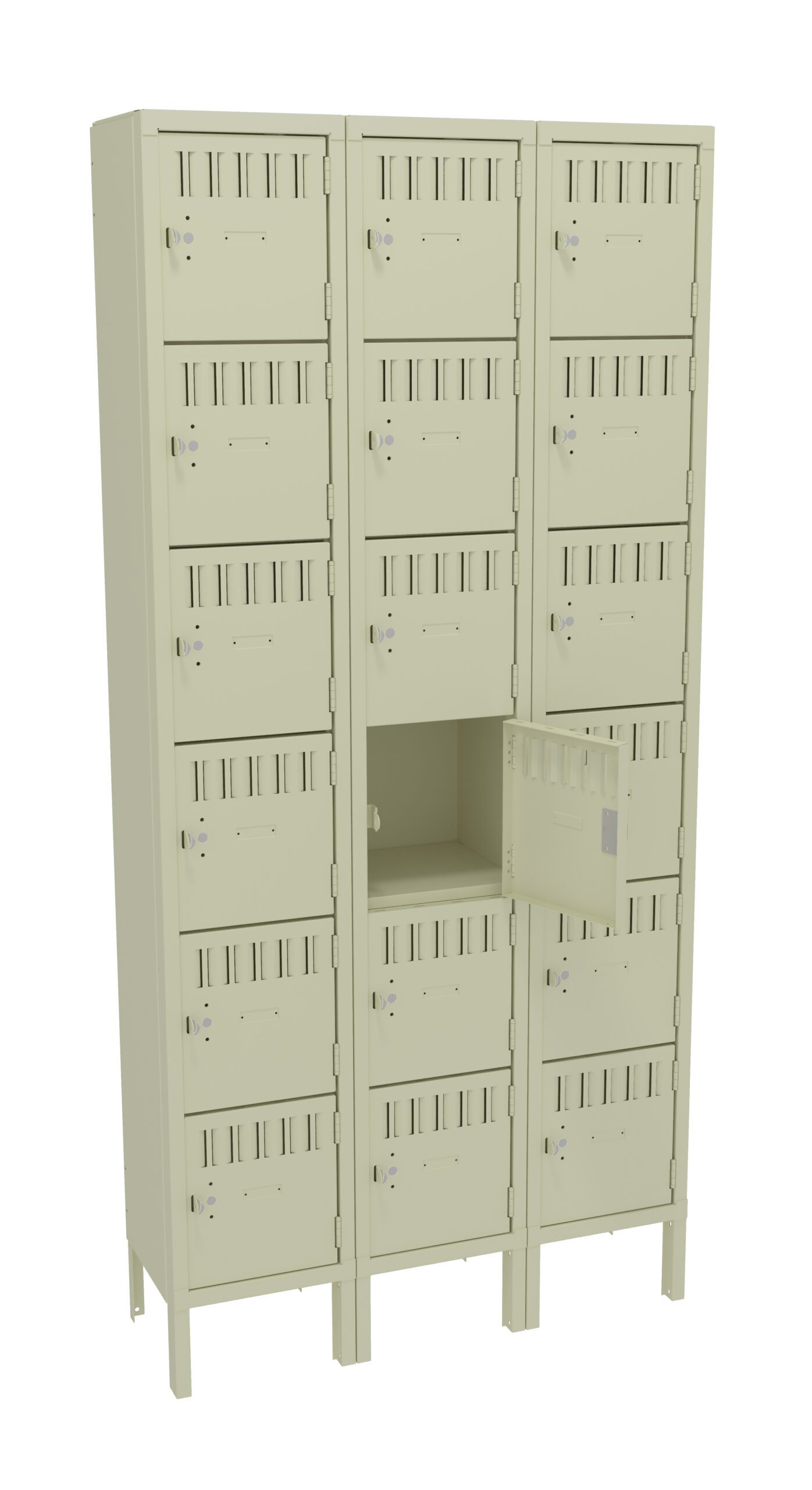 36" W x 12"D Three-Wide Unassembled Six-Tier Box Locker with Legs, Champagne/Putty