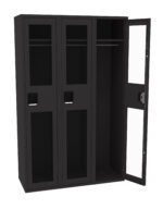 A three-compartment black metal locker, with the rightmost door open, revealing an interior rod for hanging clothes. Each compartment has a rectangular window in the door and a small handle below.