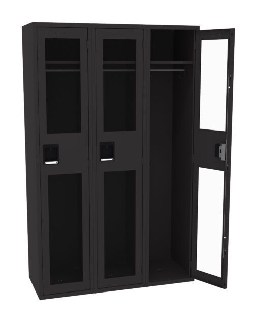 A three-compartment black metal locker, with the rightmost door open, revealing an interior rod for hanging clothes. Each compartment has a rectangular window in the door and a small handle below.
