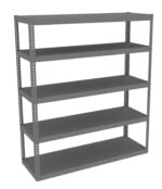 A gray metal shelving unit with five evenly spaced shelves, designed for storage and organization. The shelves are empty, and the unit has a sturdy, industrial appearance.