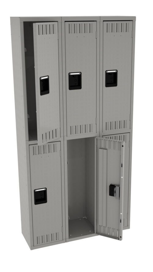 mjzuyfpjvayl3mz4vd07.jpg A gray metal locker unit with six compartments, arranged in two vertical columns. The bottom right compartment door is open, revealing the empty interior. Each locker features a black handle and vent slits.